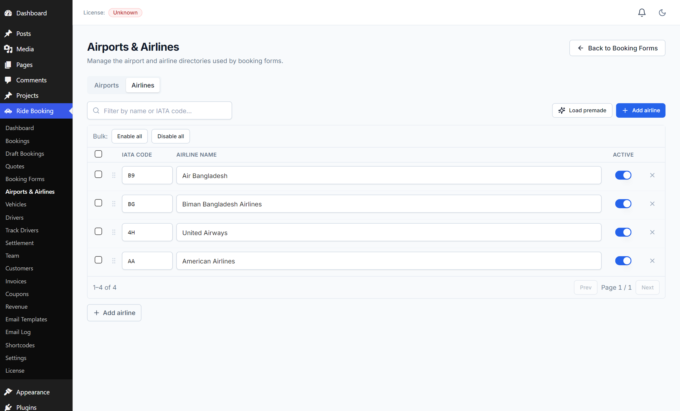 The airlines list