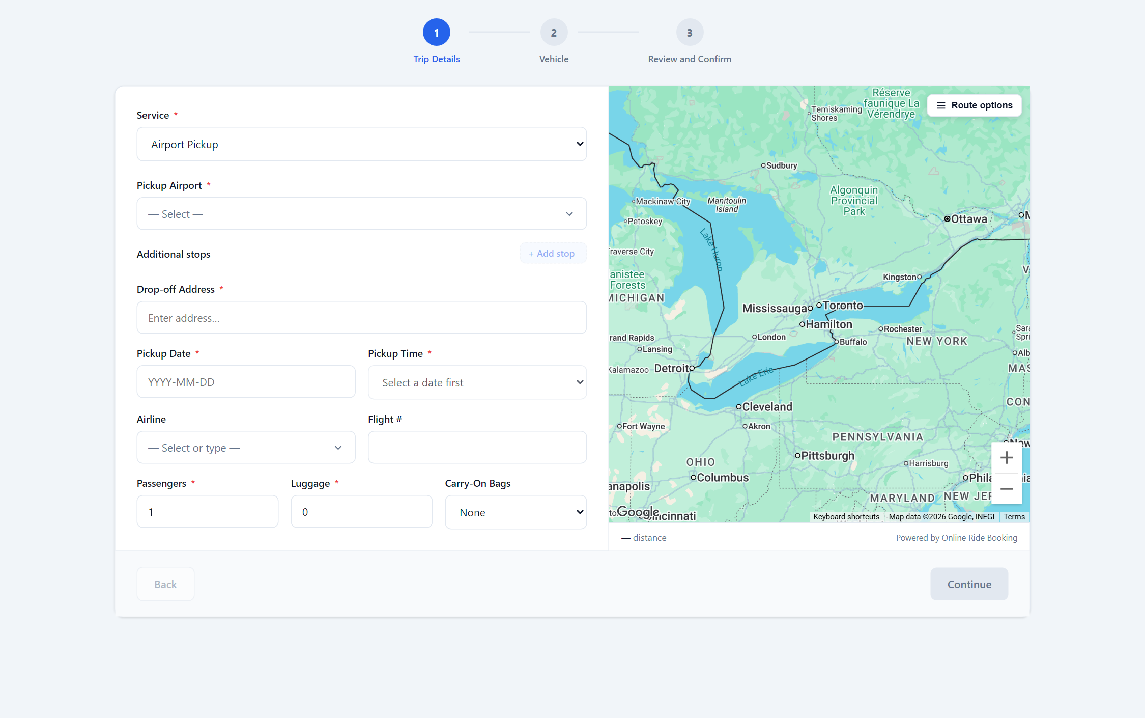 The customer booking form