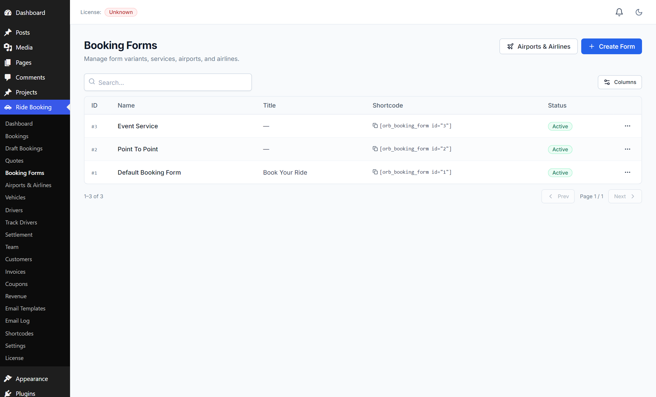 The booking forms list