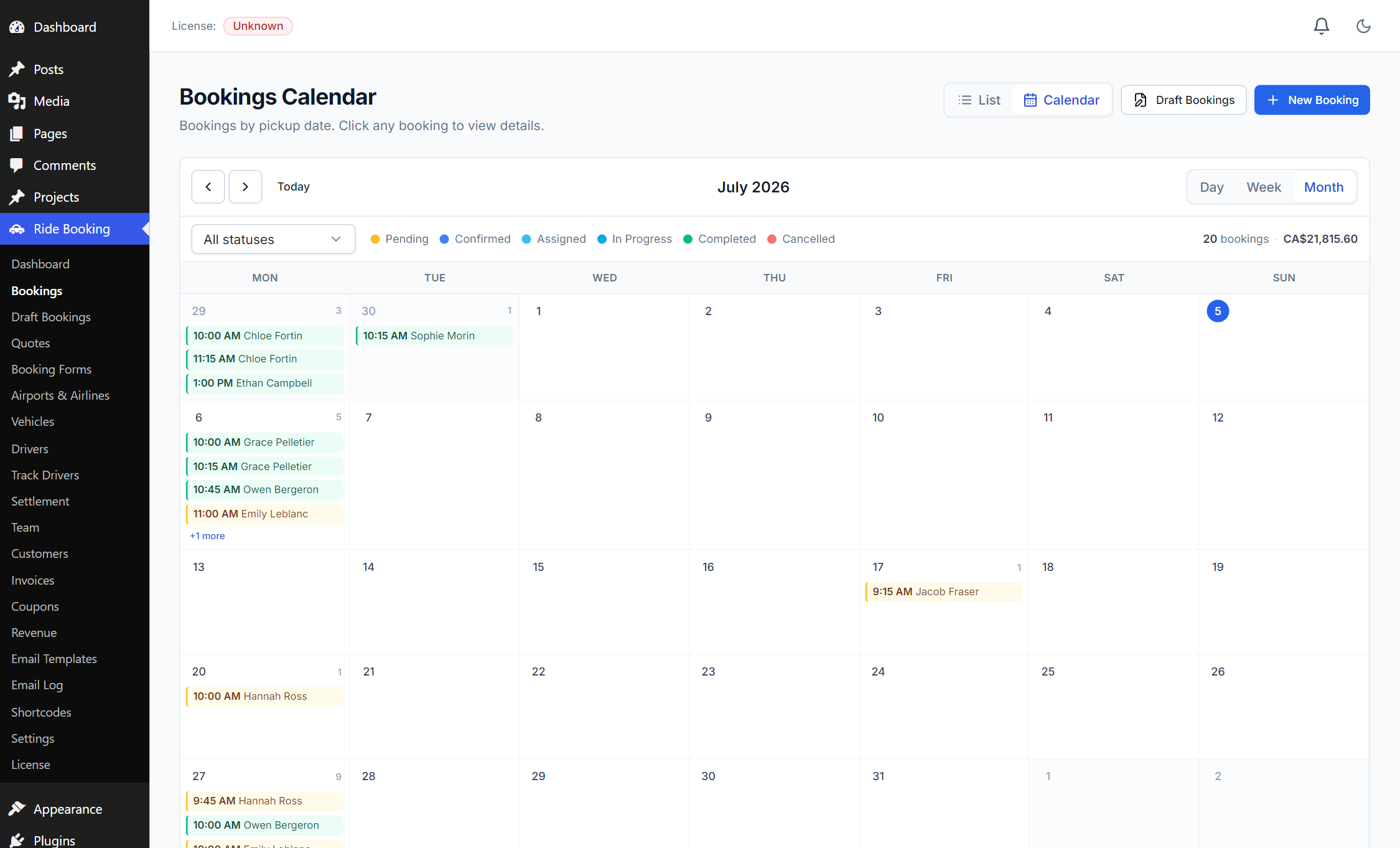 The bookings calendar