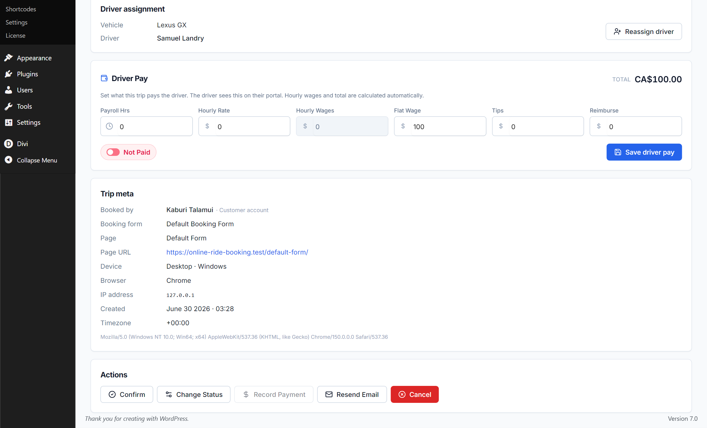 Booking detail — price breakdown and driver pay