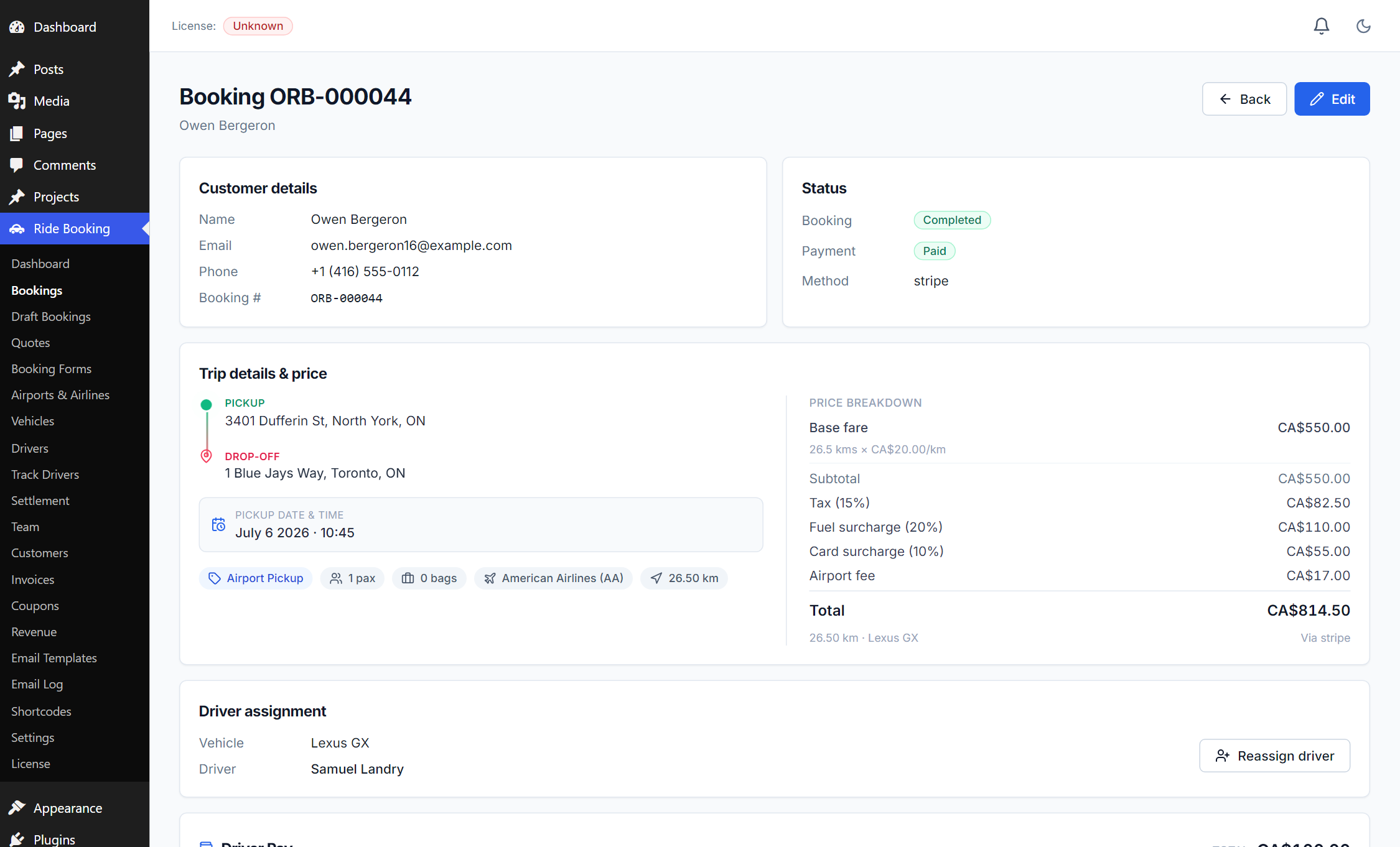 Booking detail — top