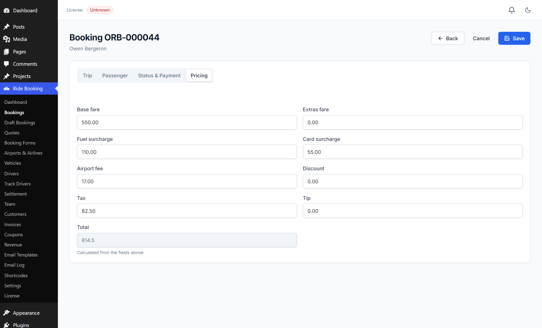 Editing a booking — Pricing tab