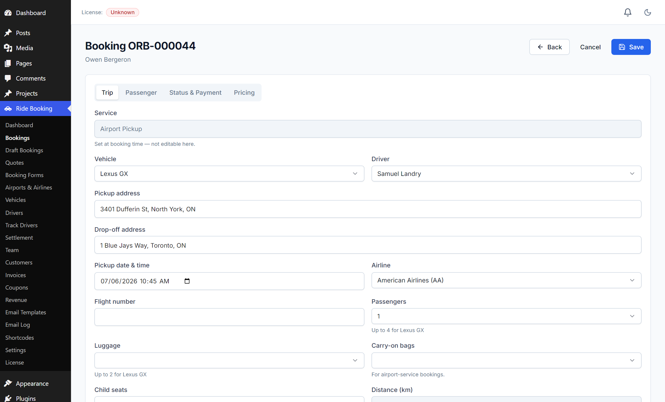 Editing a booking — Trip tab