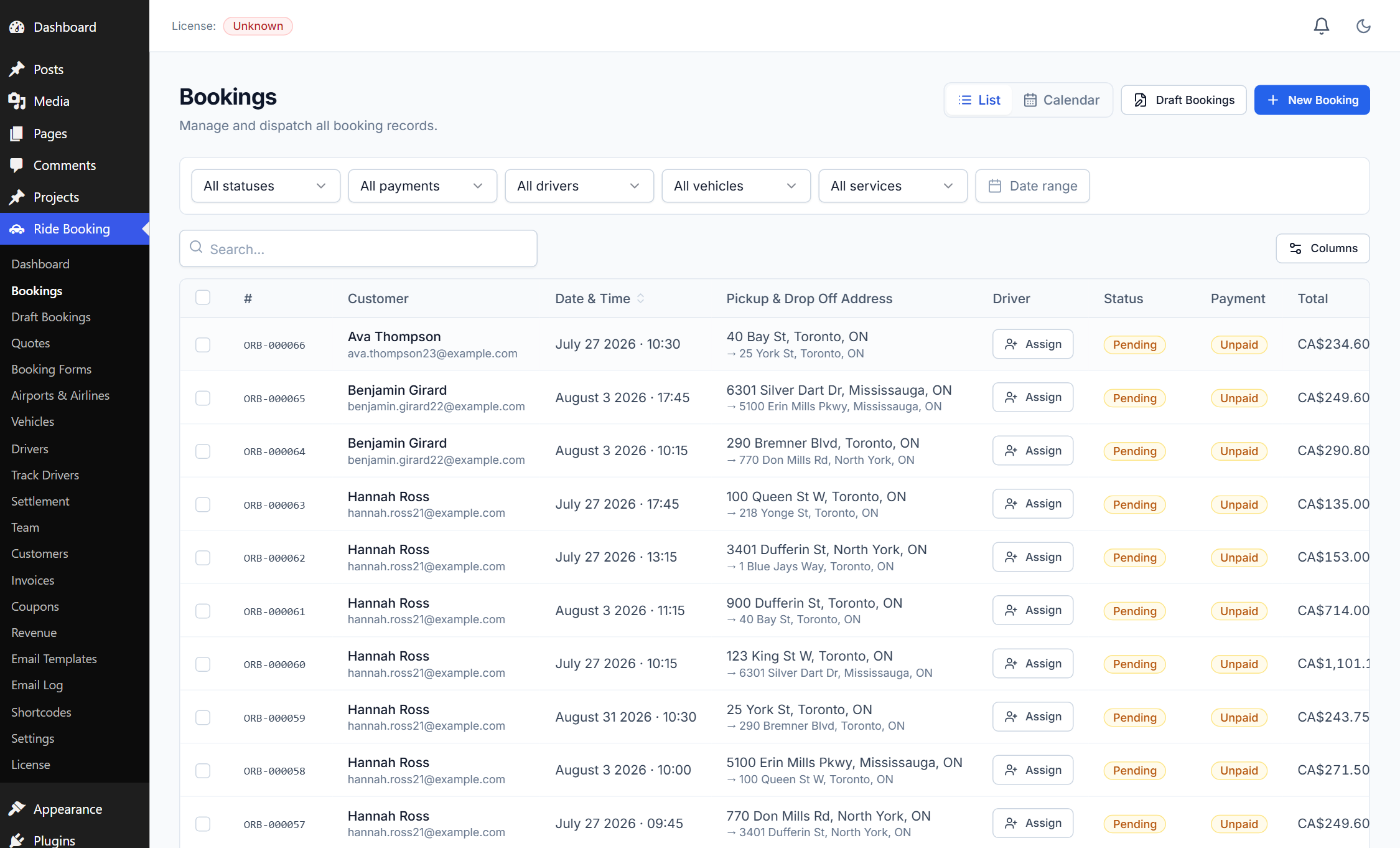 The bookings list