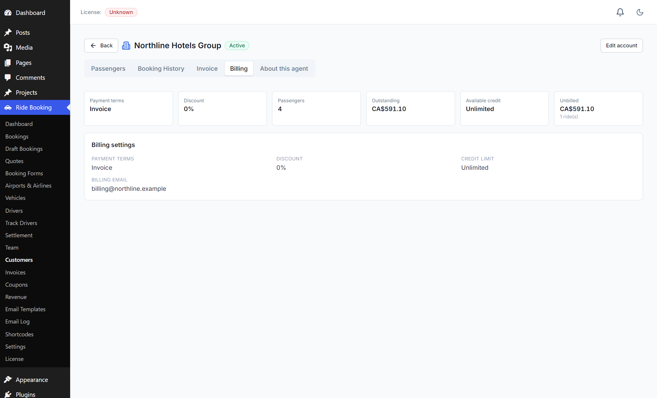 Corporate billing tab