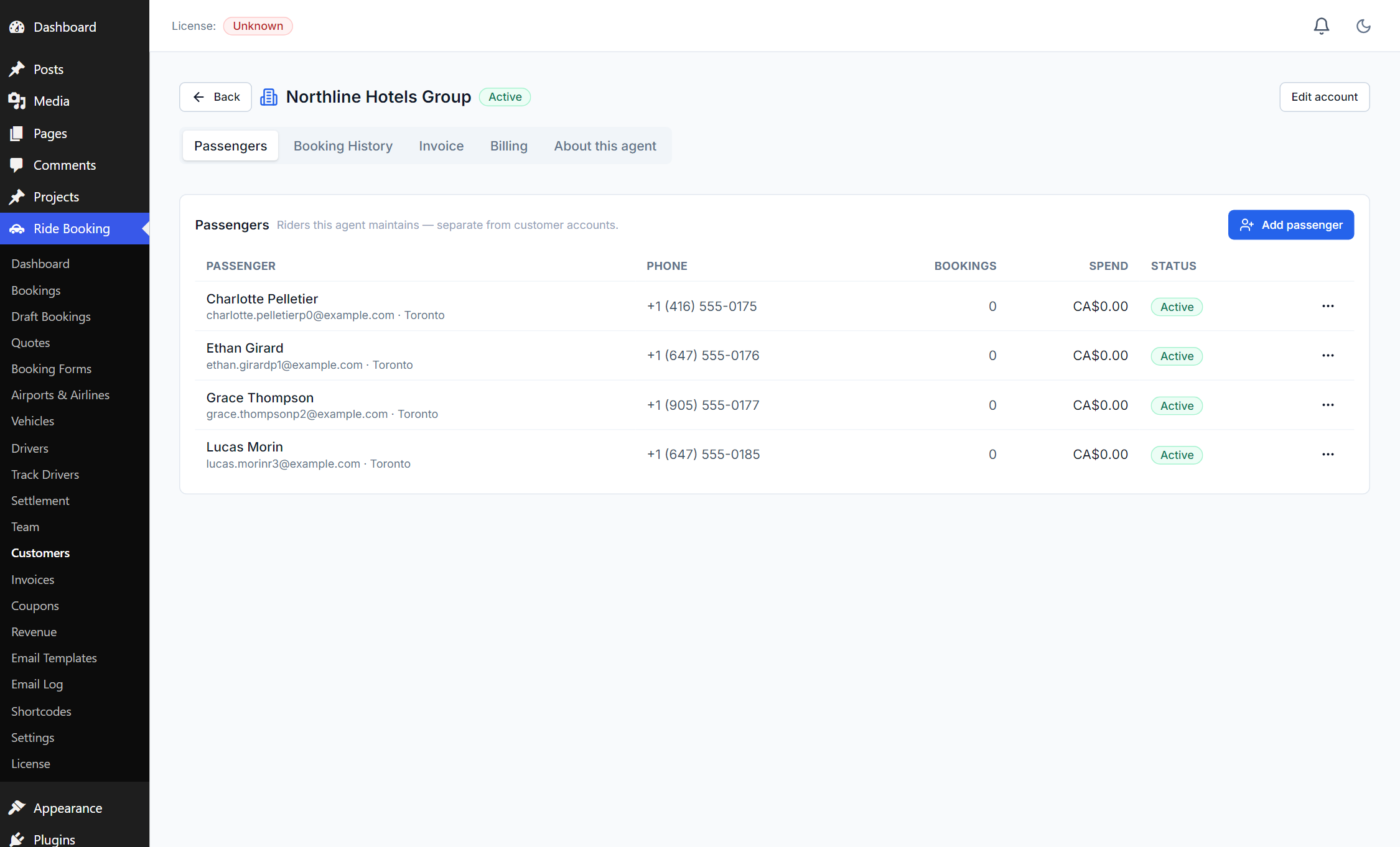 A corporate account — passenger roster
