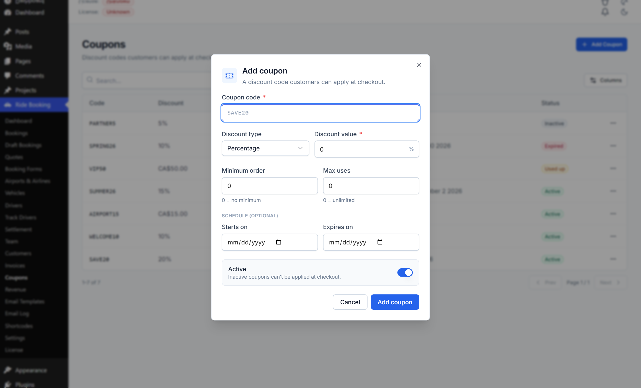 The Add Coupon dialog