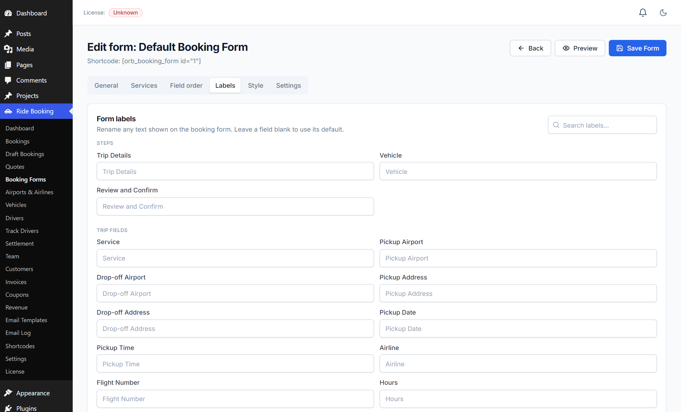 Form editor — Labels