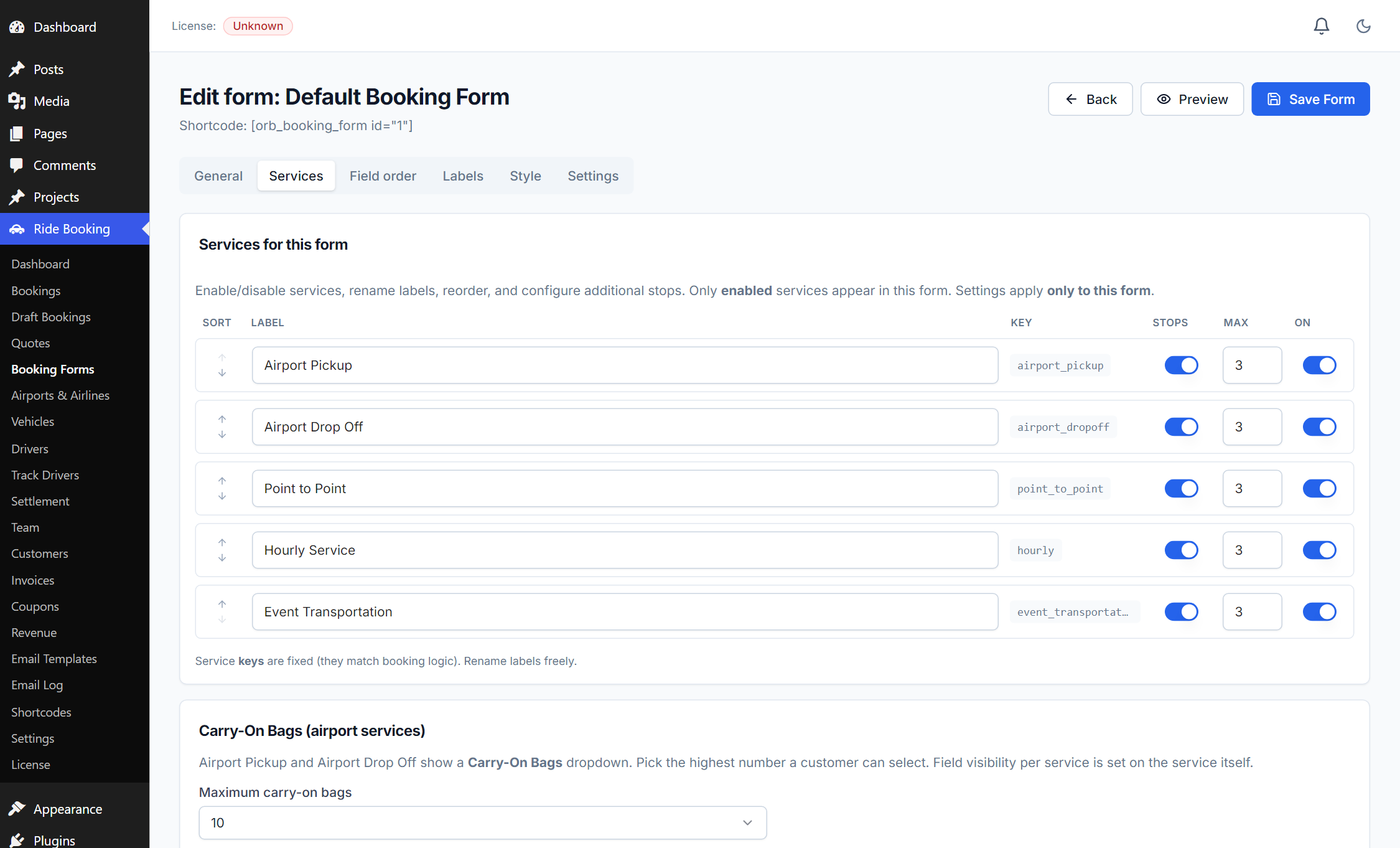 Form editor — Services