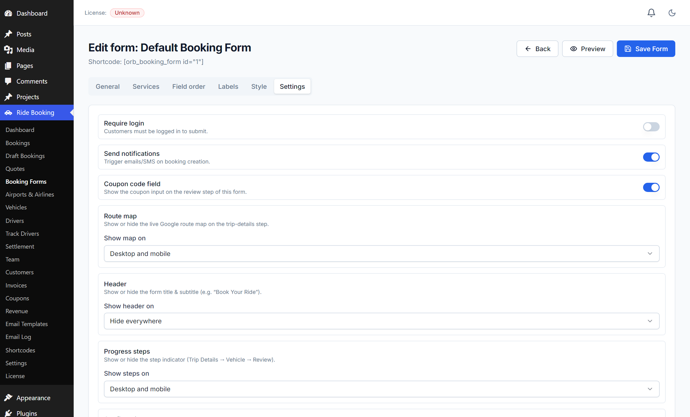 Form editor — Settings