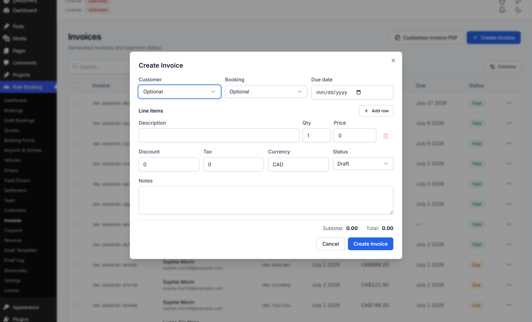 The Create Invoice dialog