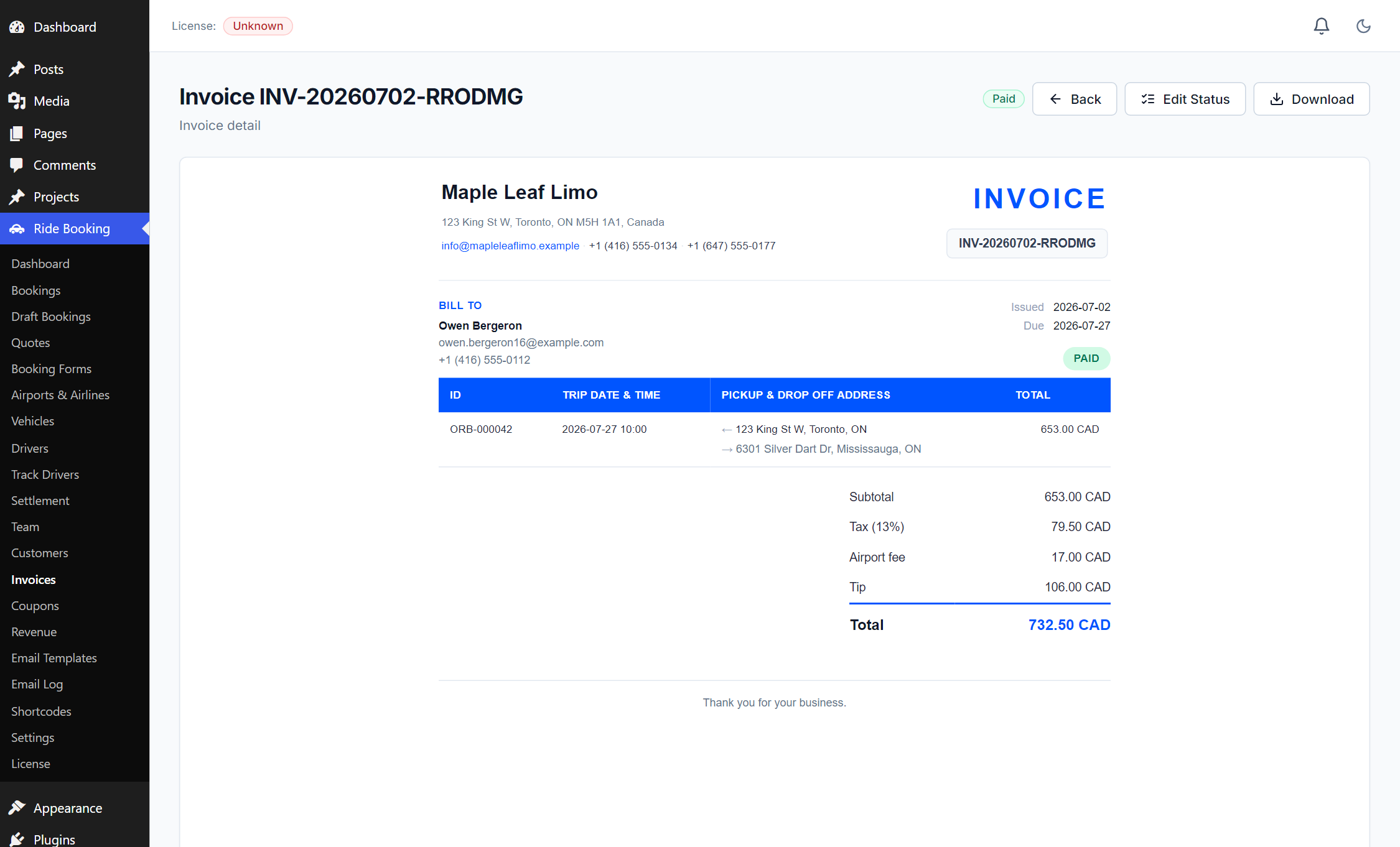 An invoice detail page