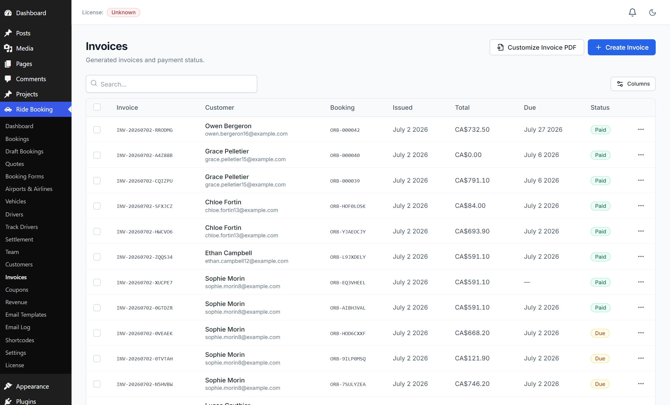 The invoices list