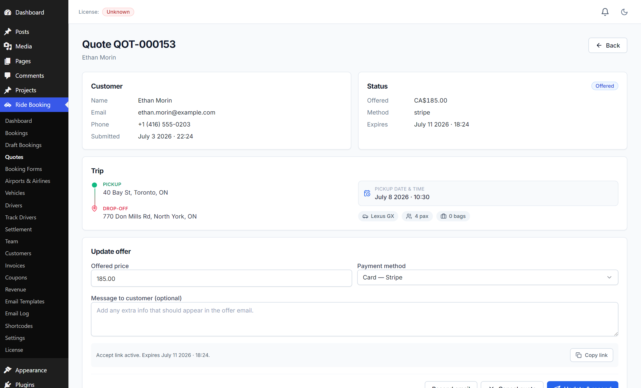An offered quote — accept link active