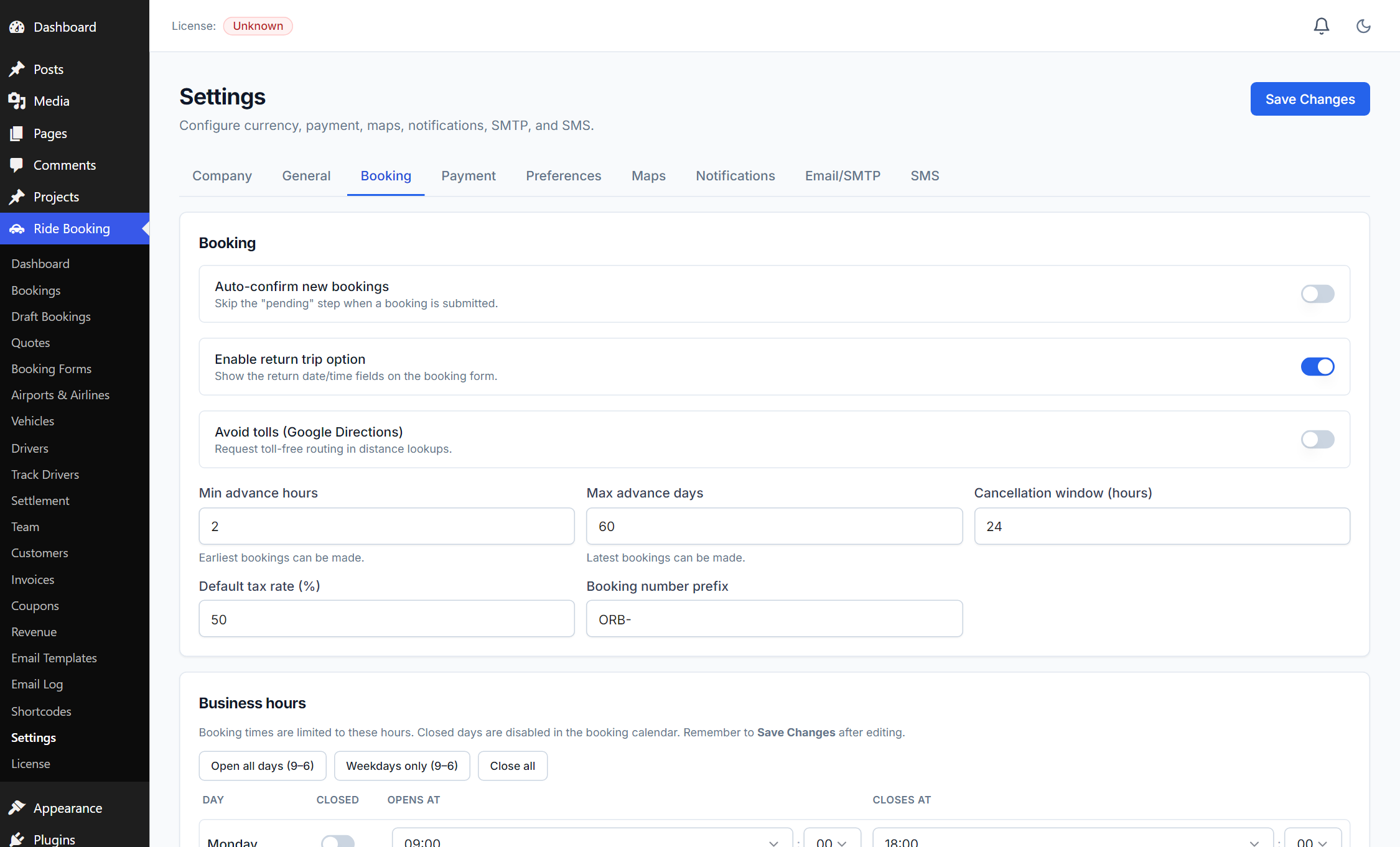 Settings — Booking tab