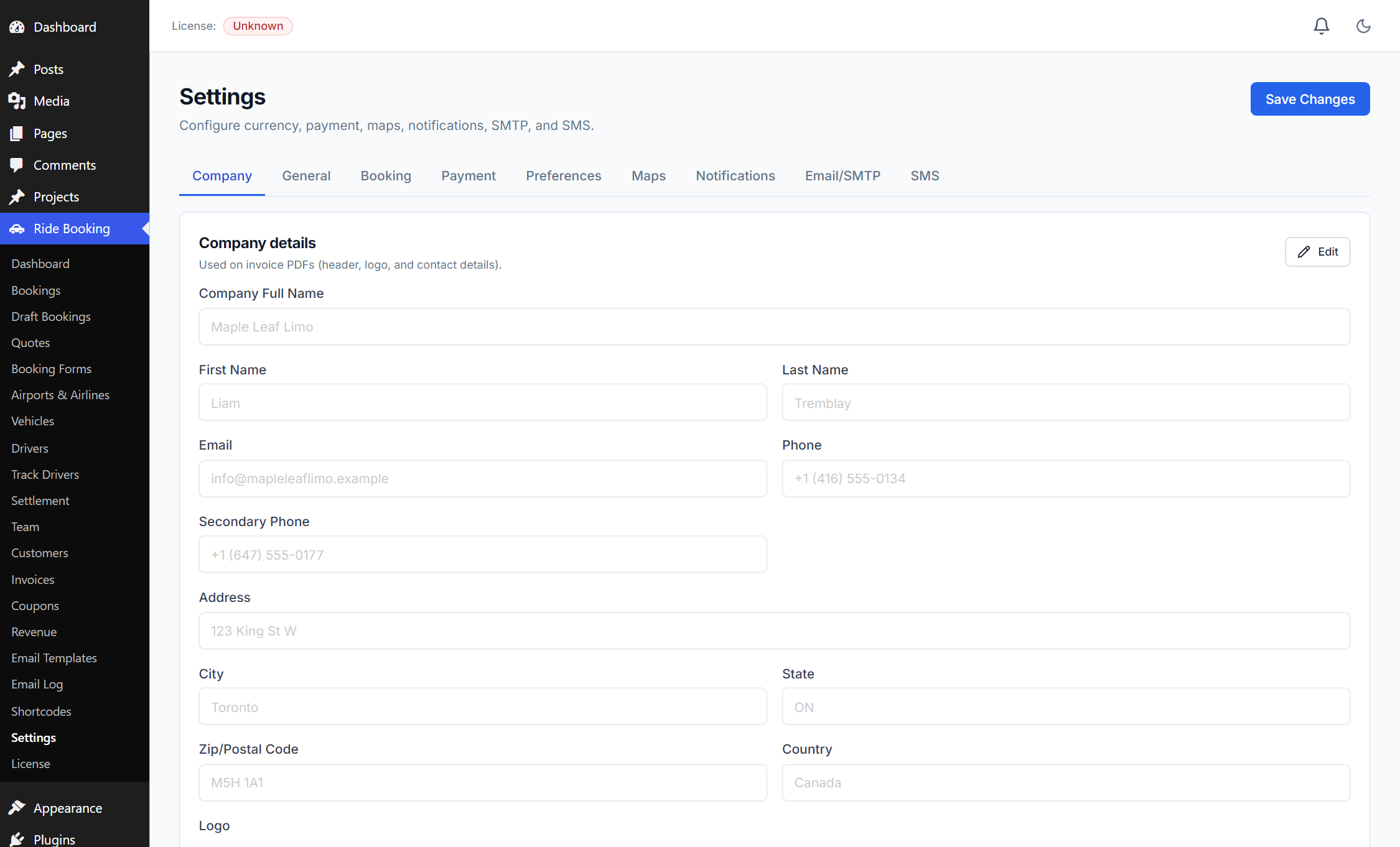 Settings — Company tab
