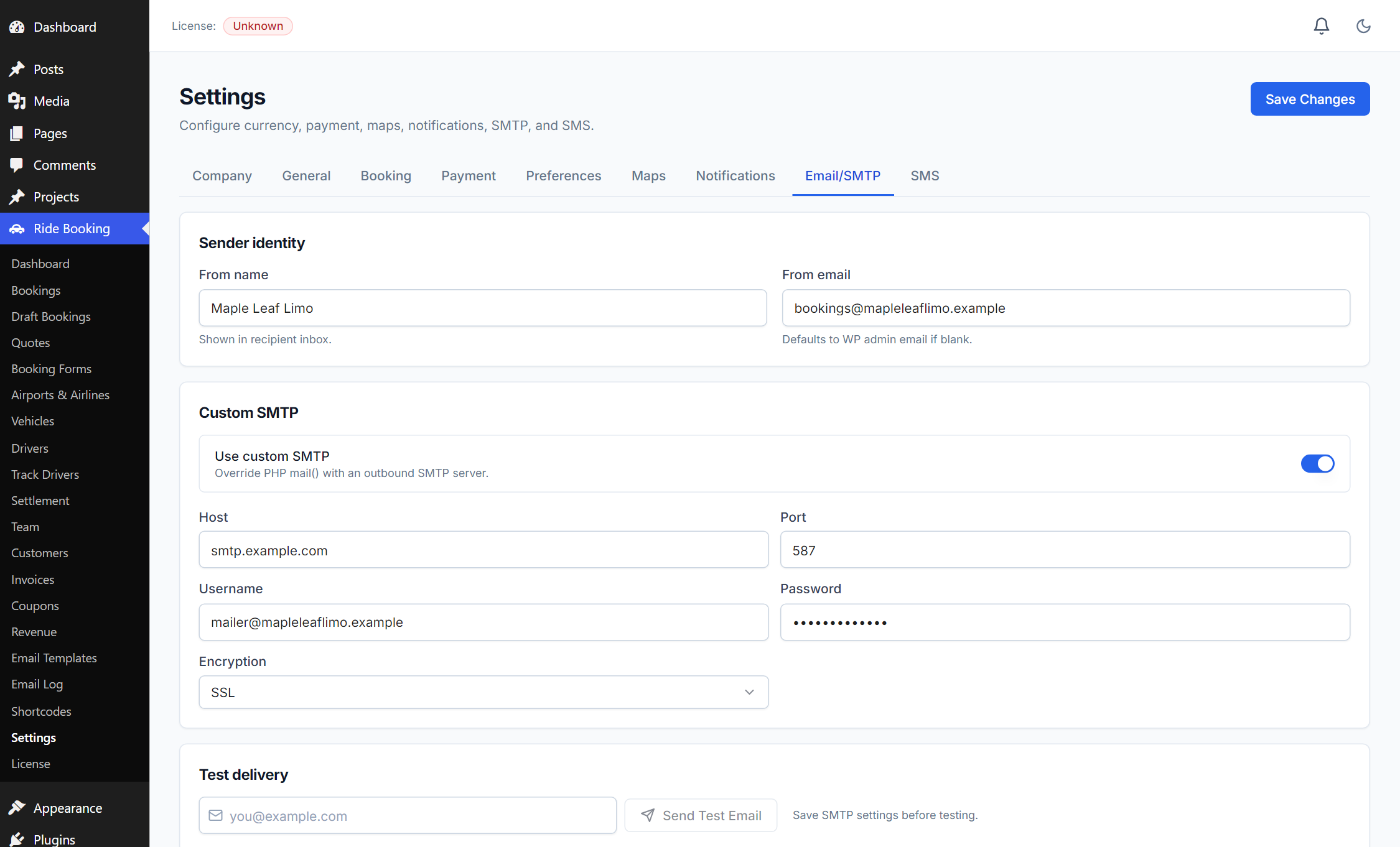 Settings — Email/SMTP tab