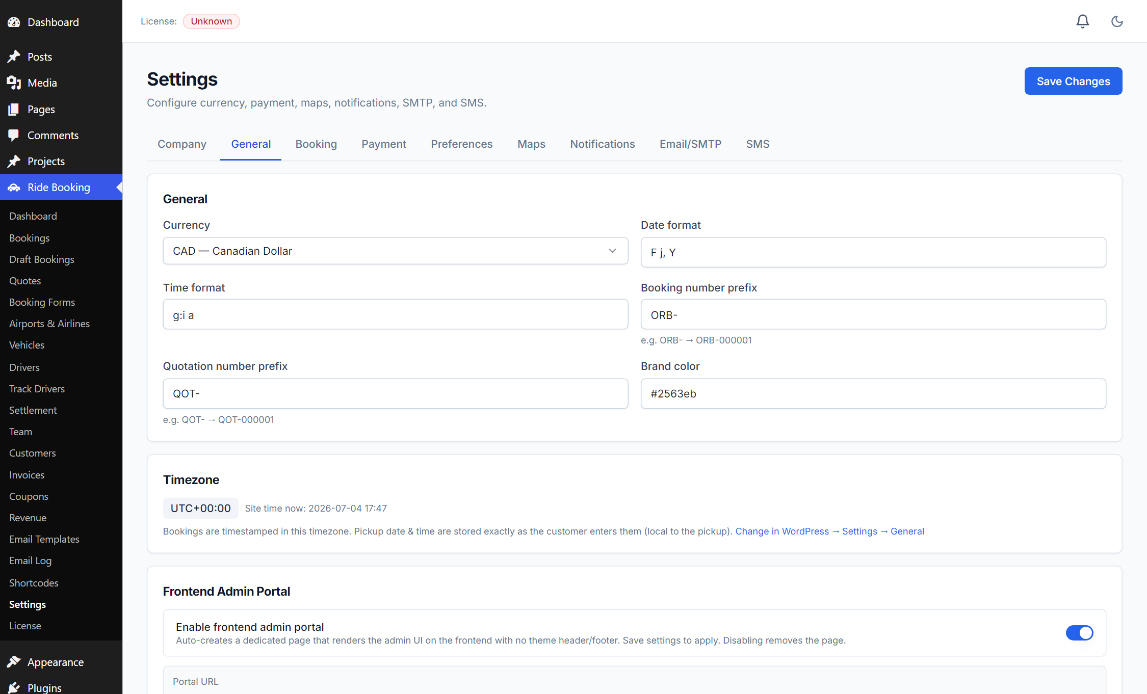 Settings — General tab