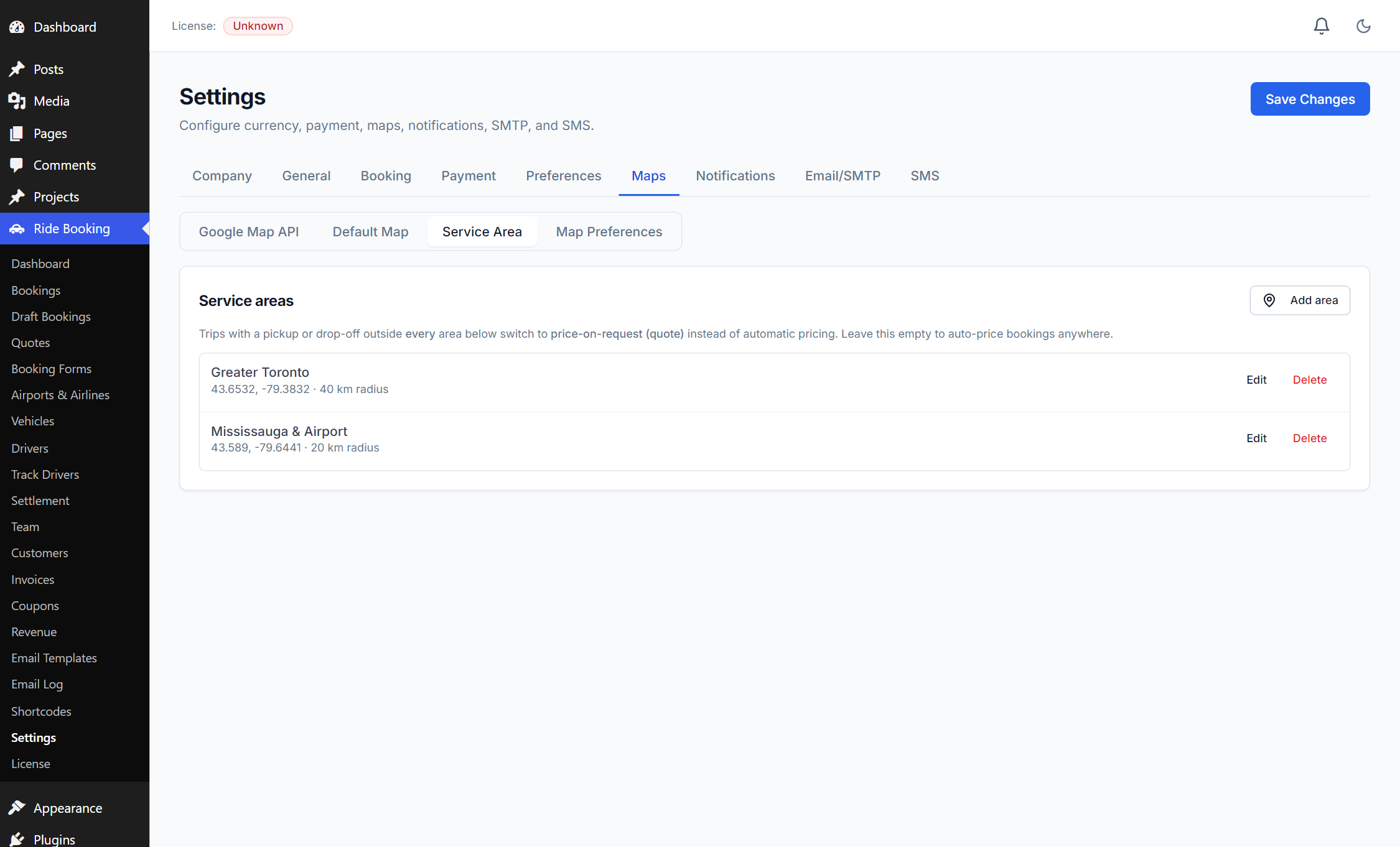 Settings — Maps → Service Area