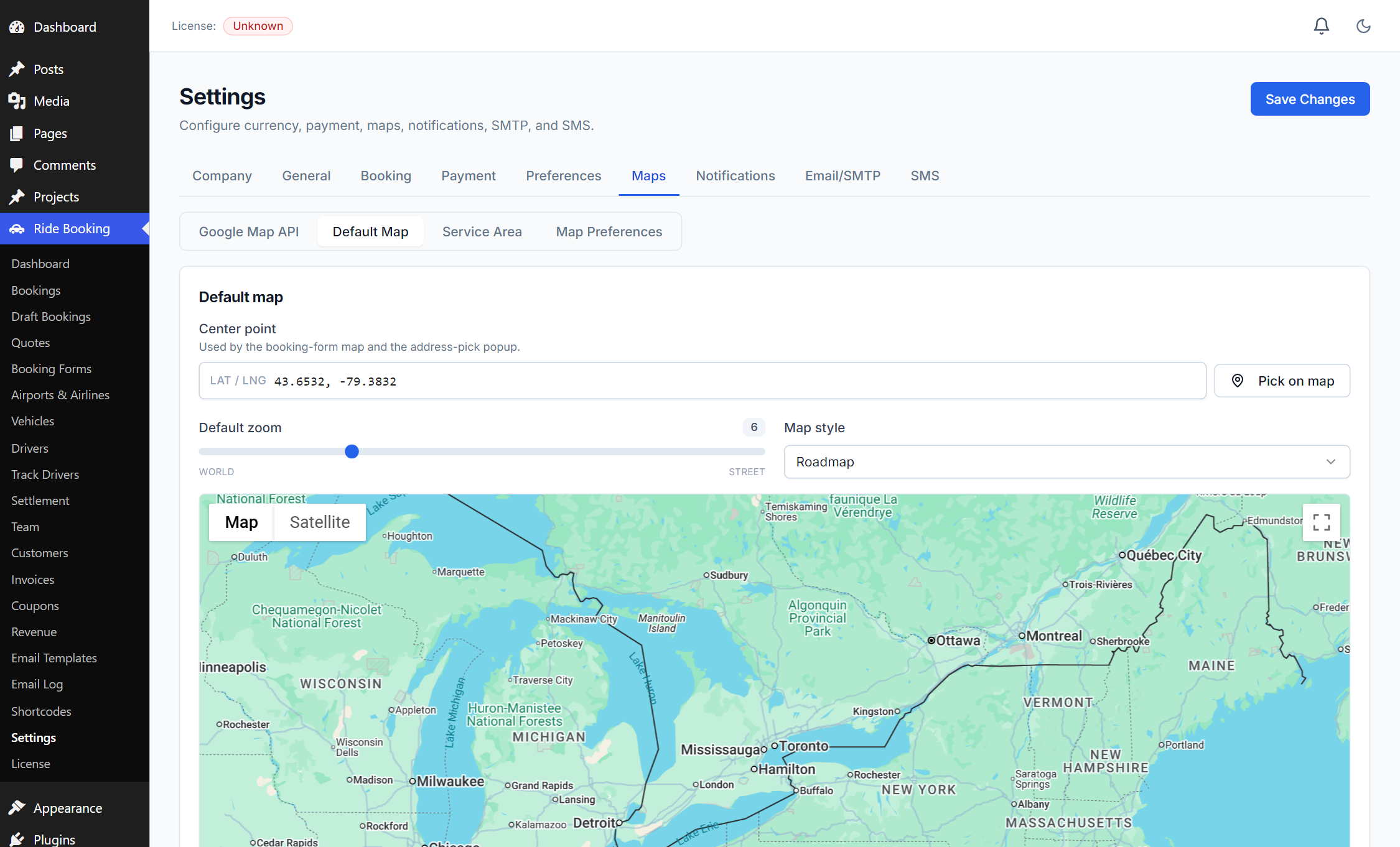 Settings — Maps → Default Map