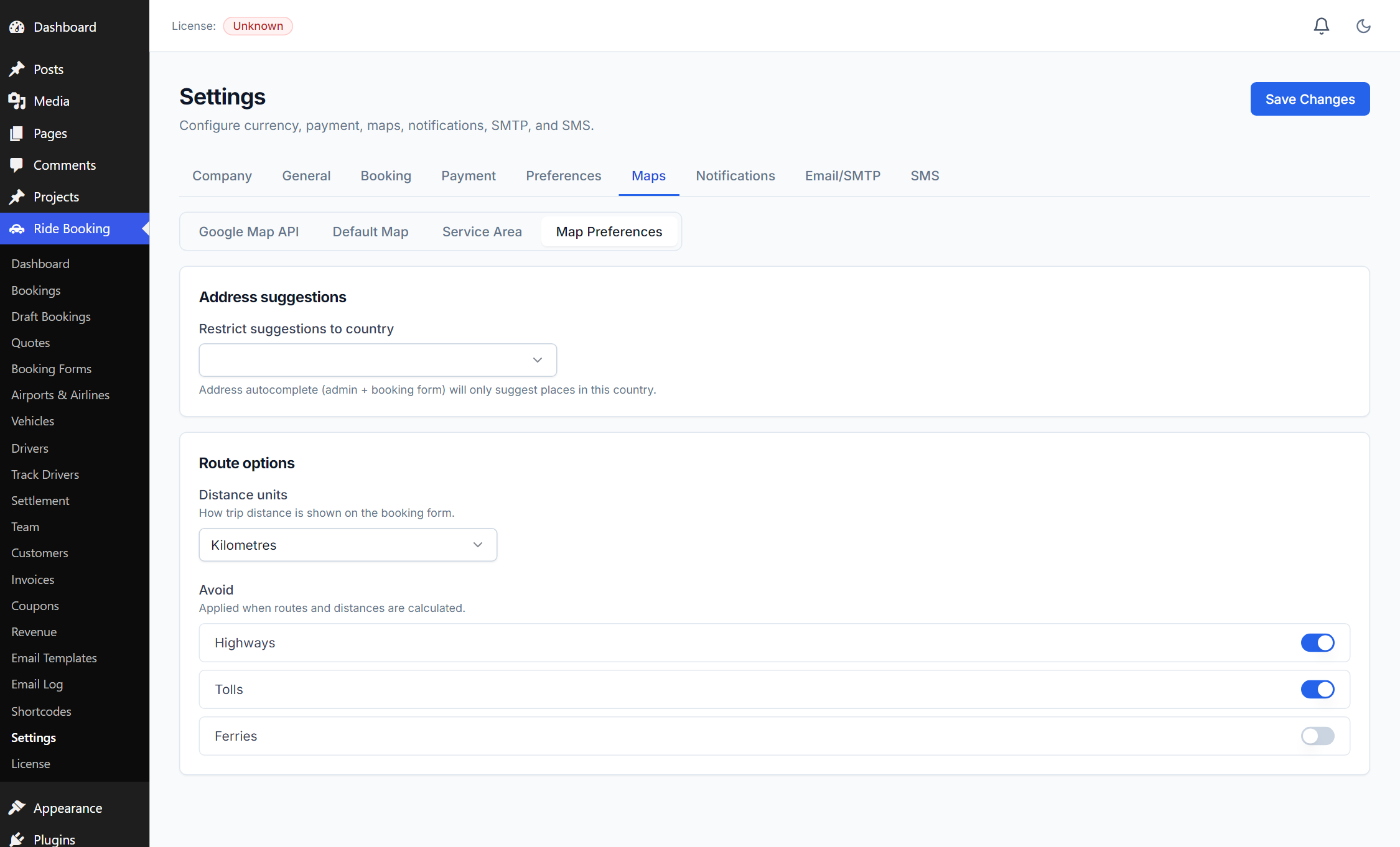 Settings — Maps → Map Preferences