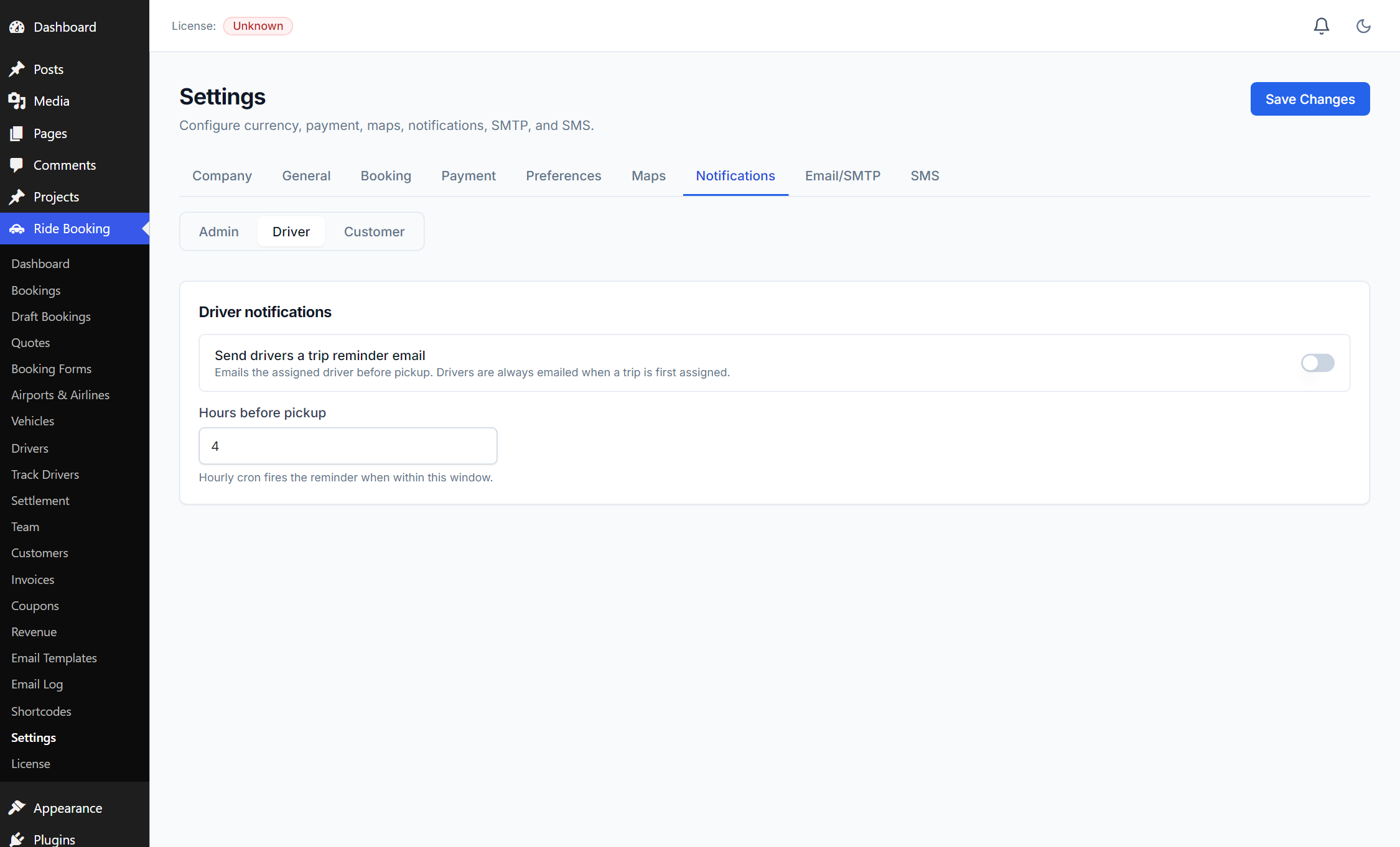 Settings — Notifications → Driver