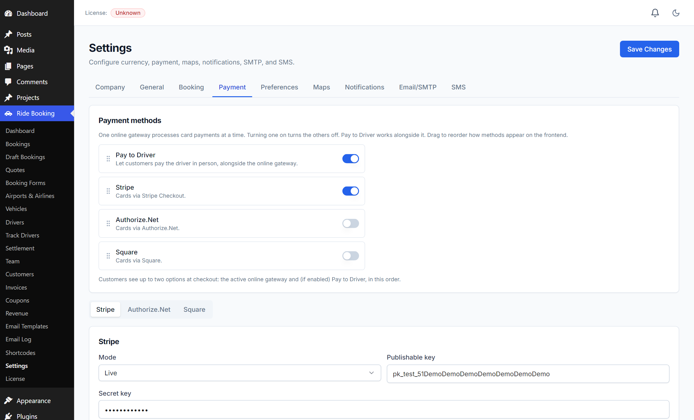 Settings — Payment tab