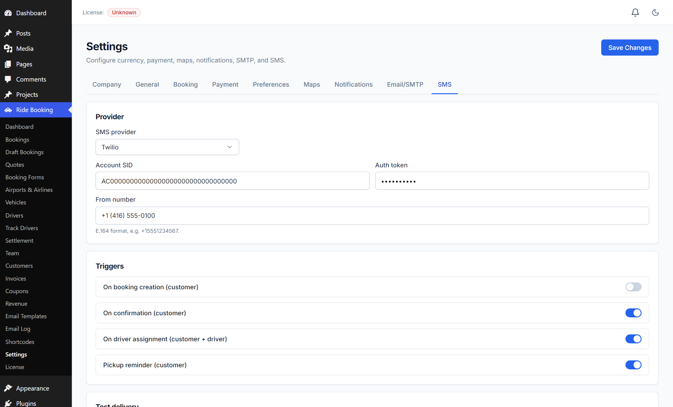 Settings — SMS tab