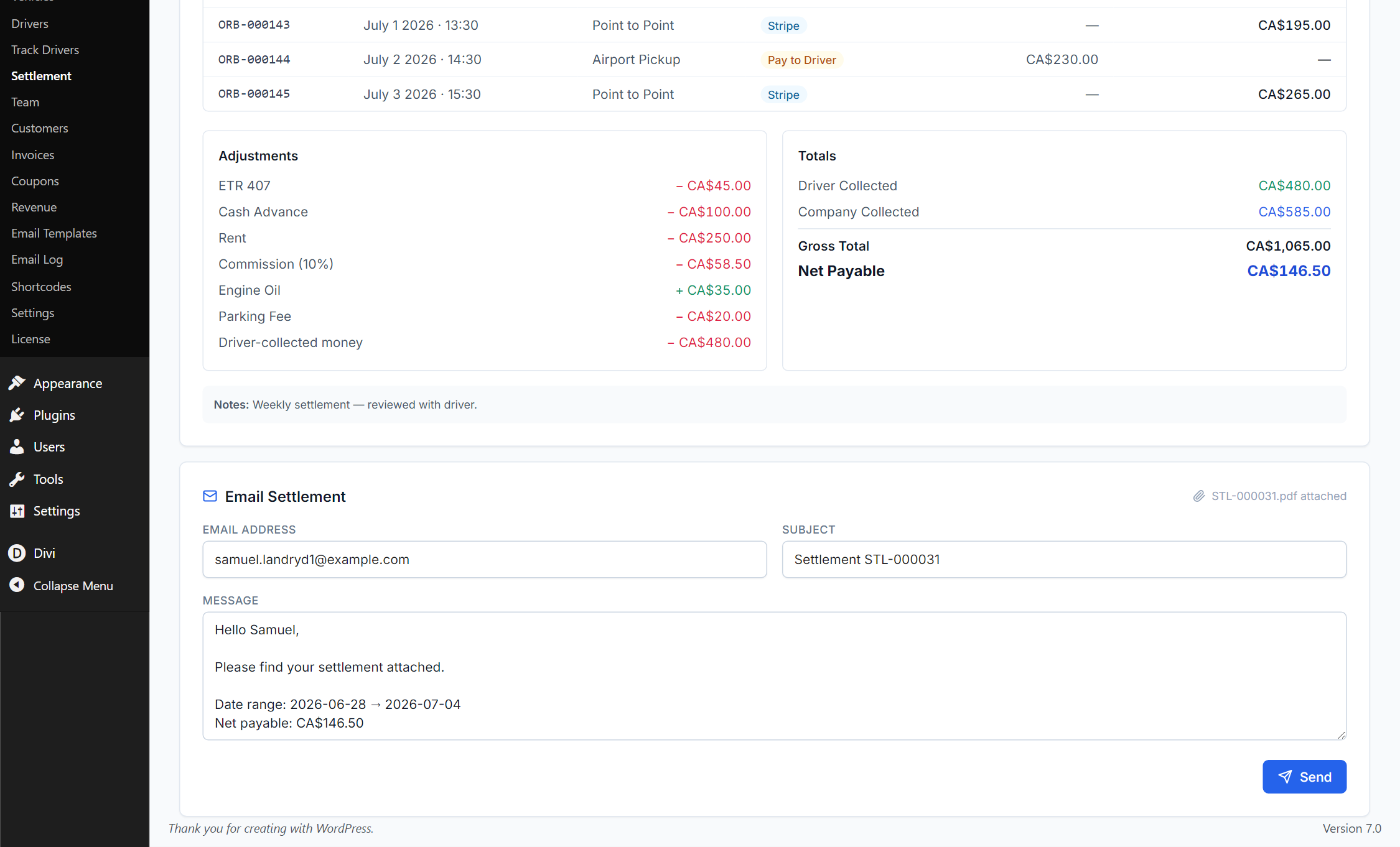 Adjustments, totals, and the email panel