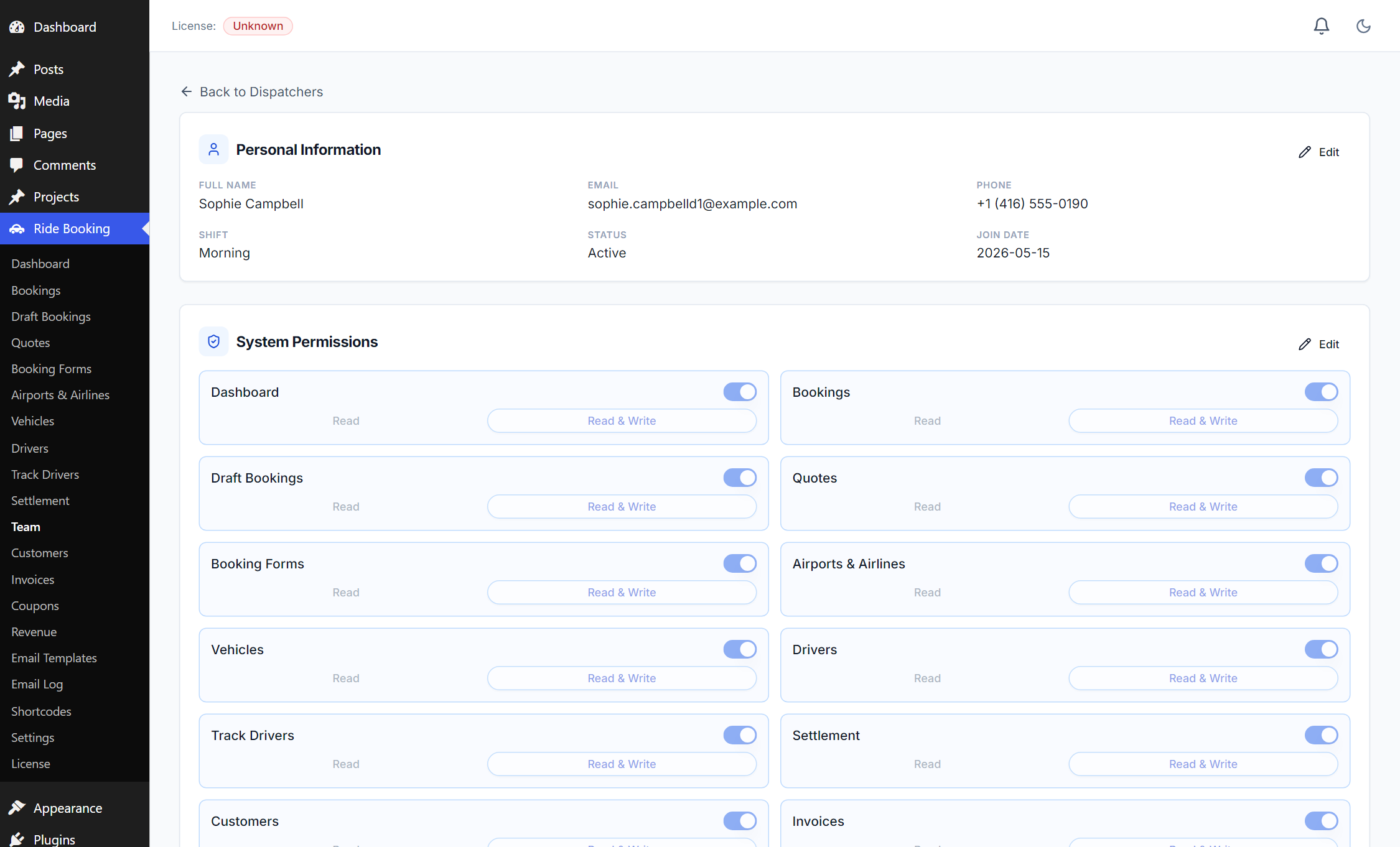 A dispatcher's profile with the System Permissions matrix