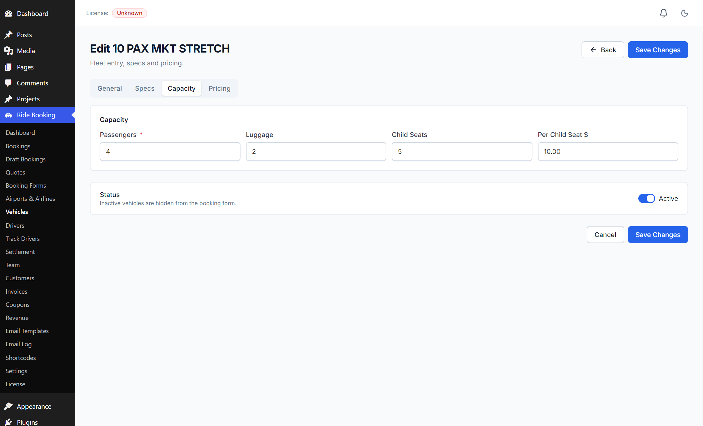 Vehicle editor — Capacity