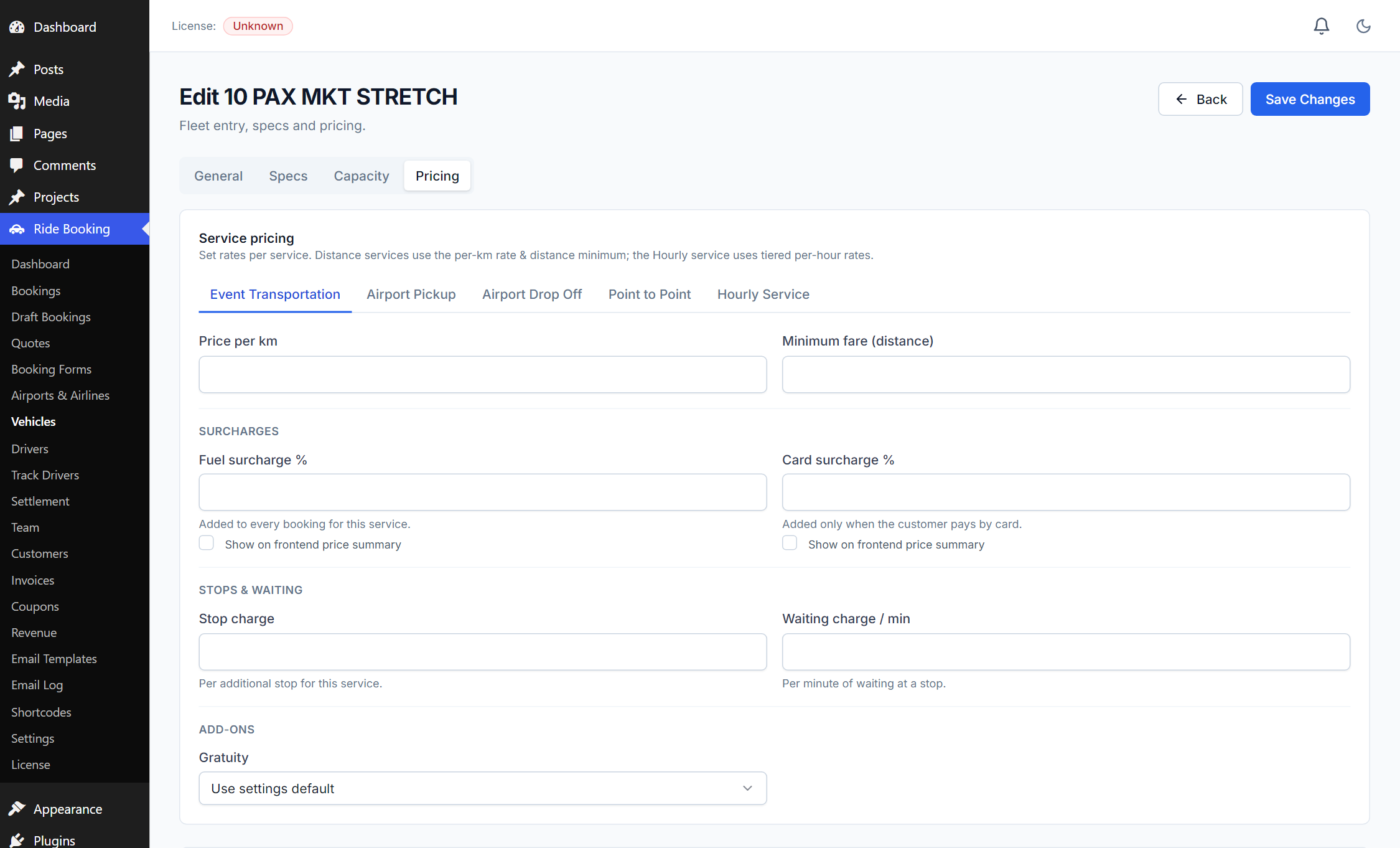 Vehicle editor — Pricing